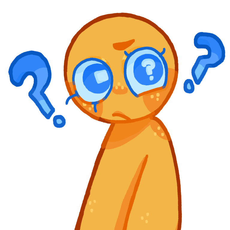  a drawing of a yellow person with big blues eyes. the yellow person has a confused expression. there are blue question marks around them.